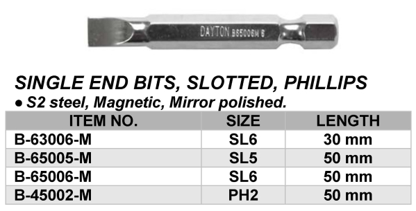 SINGLE END BITS, SLOTTED, PHILLIPS