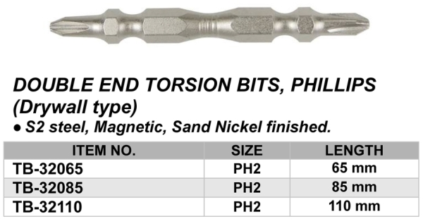 DOUBLE END TORSION BITS, PHILLIPS,(Drywall type)