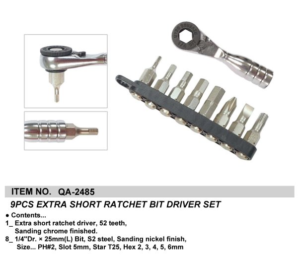 9PCS EXTRA SHORT RATCHET BIT DRIVER SET