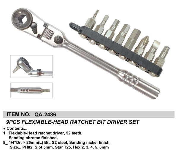 9PCS FLEXIABLE-HEAD RATCHET BIT DRIVER SET