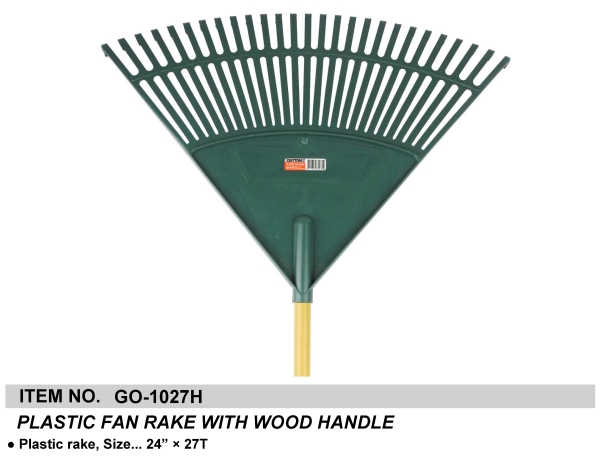 PLASTIC FAN RAKE WITH WOOD HANDLE