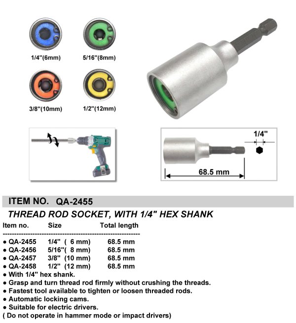 THREAD ROD SOCKET, WITH 1/4" HEX SHANK