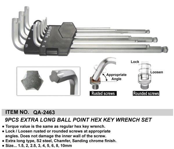 9PCS EXTRA LONG BALL POINT HEX KEY WRENCH SET