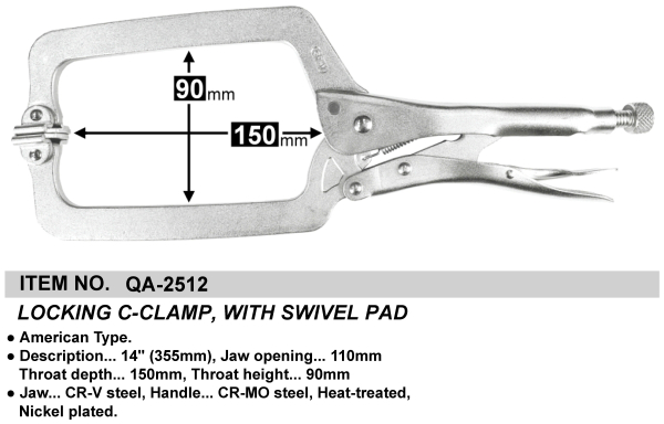 LOCKING C-CLAMP, WITH SWIVEL PAD