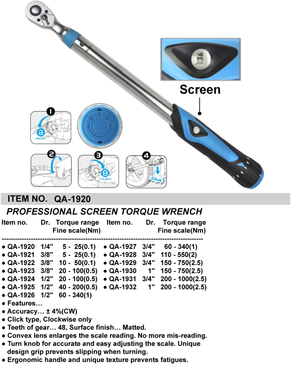 PROFESSIONAL SCREEN TORQUE WRENCH