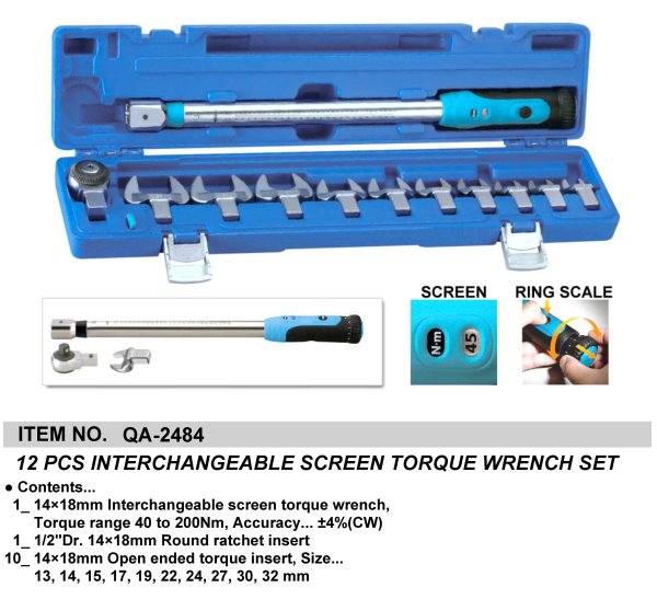 12 PCS INTERCHANGEABLE SCREEN TORQUE WRENCH SET