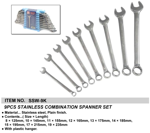 9PCS STAINLESS COMBINATION SPANNER SET