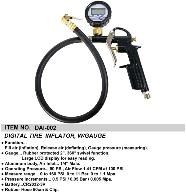 DIGITAL TIRE INFLATOR, W/GAUGE