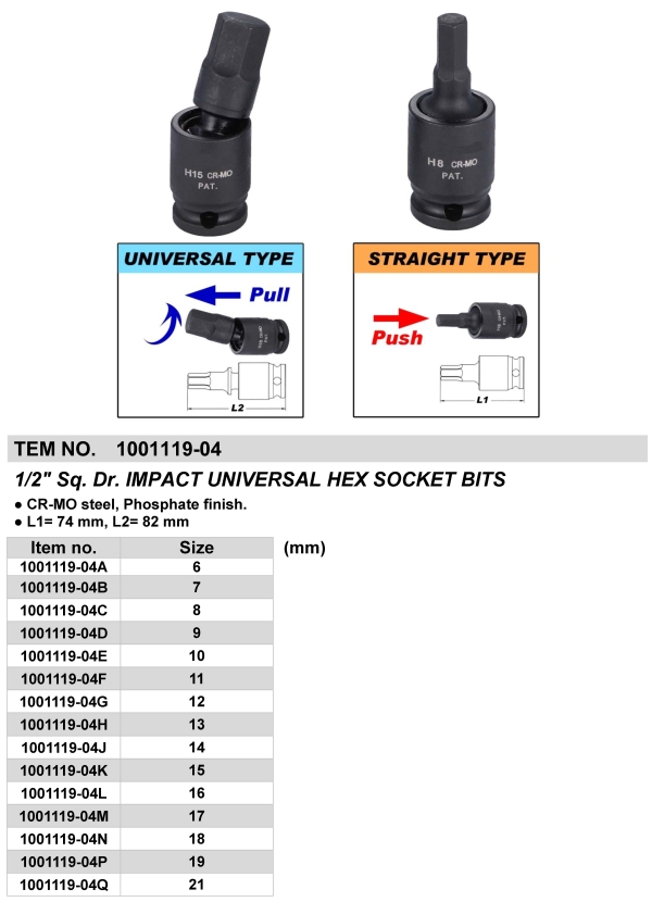 1/2" Sq. Dr. IMPACT UNIVERSAL HEX SOCKET BITS