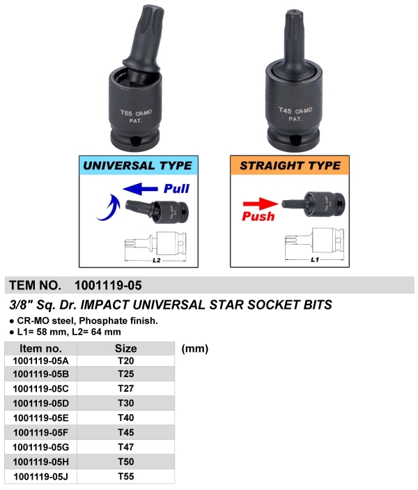 3/8" Sq. Dr. IMPACT UNIVERSAL STAR SOCKET BITS