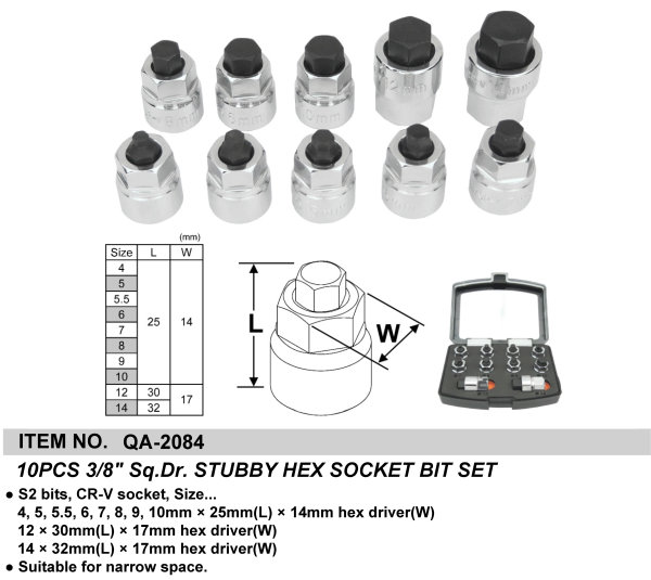 10PCS 3/8" Sq.Dr. STUBBY HEX SOCKET BIT SET