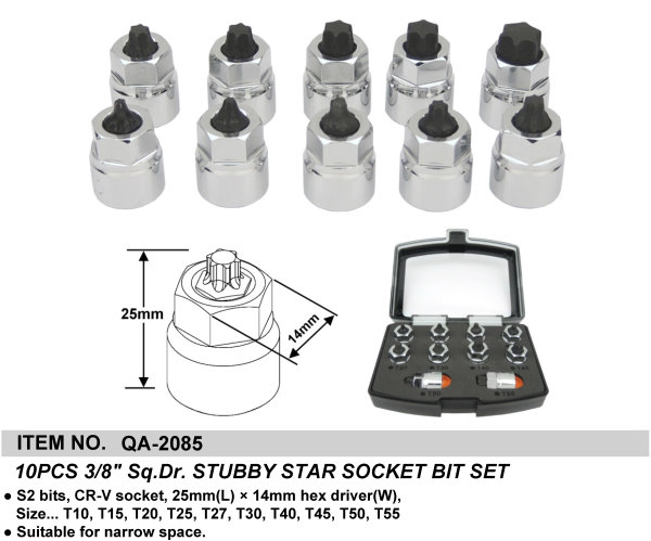 10PCS 3/8" Sq.Dr. STUBBY STAR SOCKET BIT SET