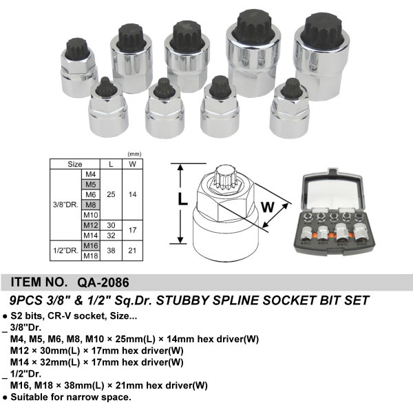 9PCS 3/8" & 1/2" Sq.Dr. STUBBY SPLINE SOCKET BIT SET