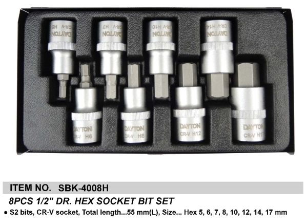 8PCS 1/2" DR. HEX SOCKET BIT SET