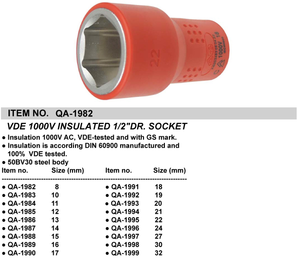 VDE 1000V INSULATED 1/2"DR. SOCKET