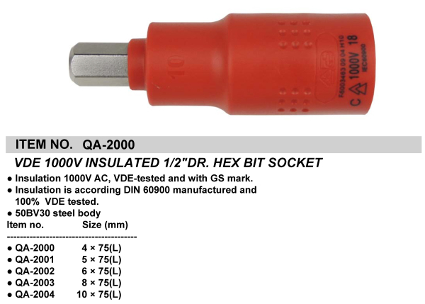 VDE 1000V INSULATED 1/2"DR. HEX BIT SOCKET