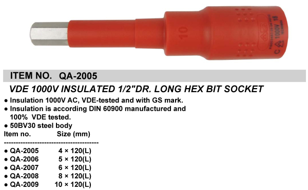 VDE 1000V INSULATED 1/2"DR. LONG HEX BIT SOCKET