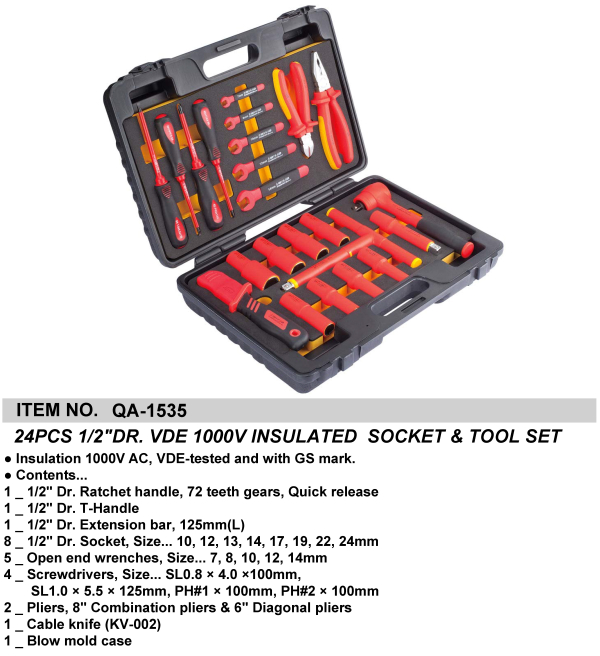 24PCS 1/2"DR. VDE 1000V INSULATED  SOCKET & TOOL SET