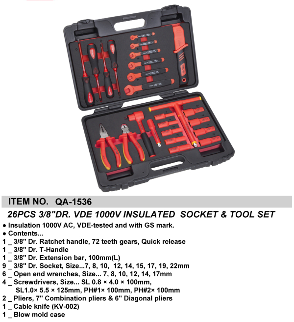 26PCS 3/8"DR. VDE 1000V INSULATED  SOCKET & TOOL SET