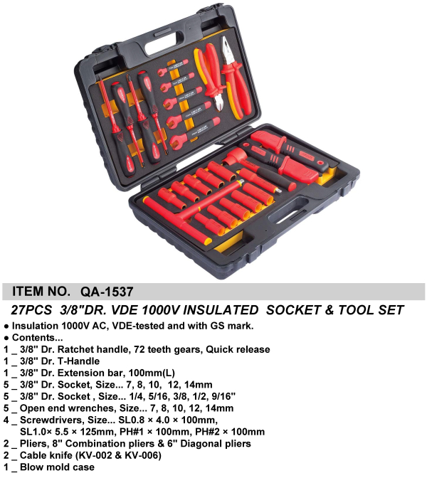 27PCS  3/8"DR. VDE 1000V INSULATED  SOCKET & TOOL SET