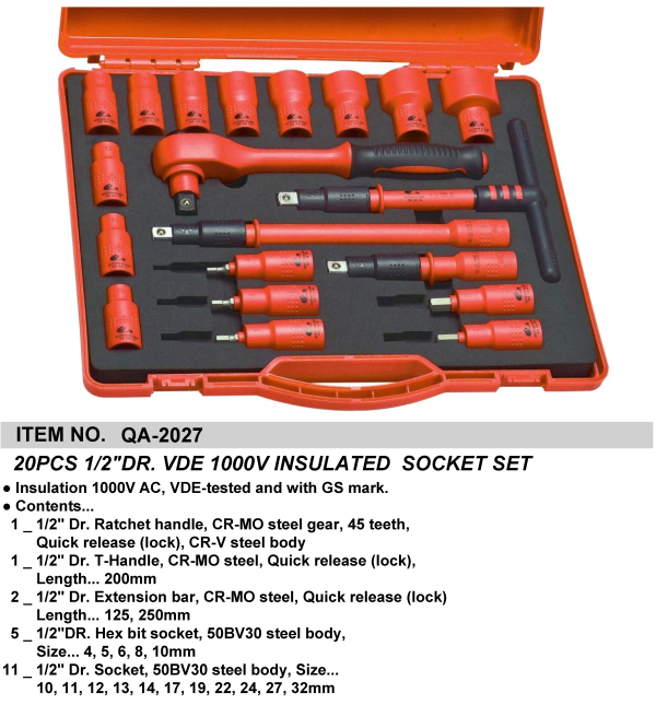 20PCS 1/2"DR. VDE 1000V INSULATED  SOCKET SET